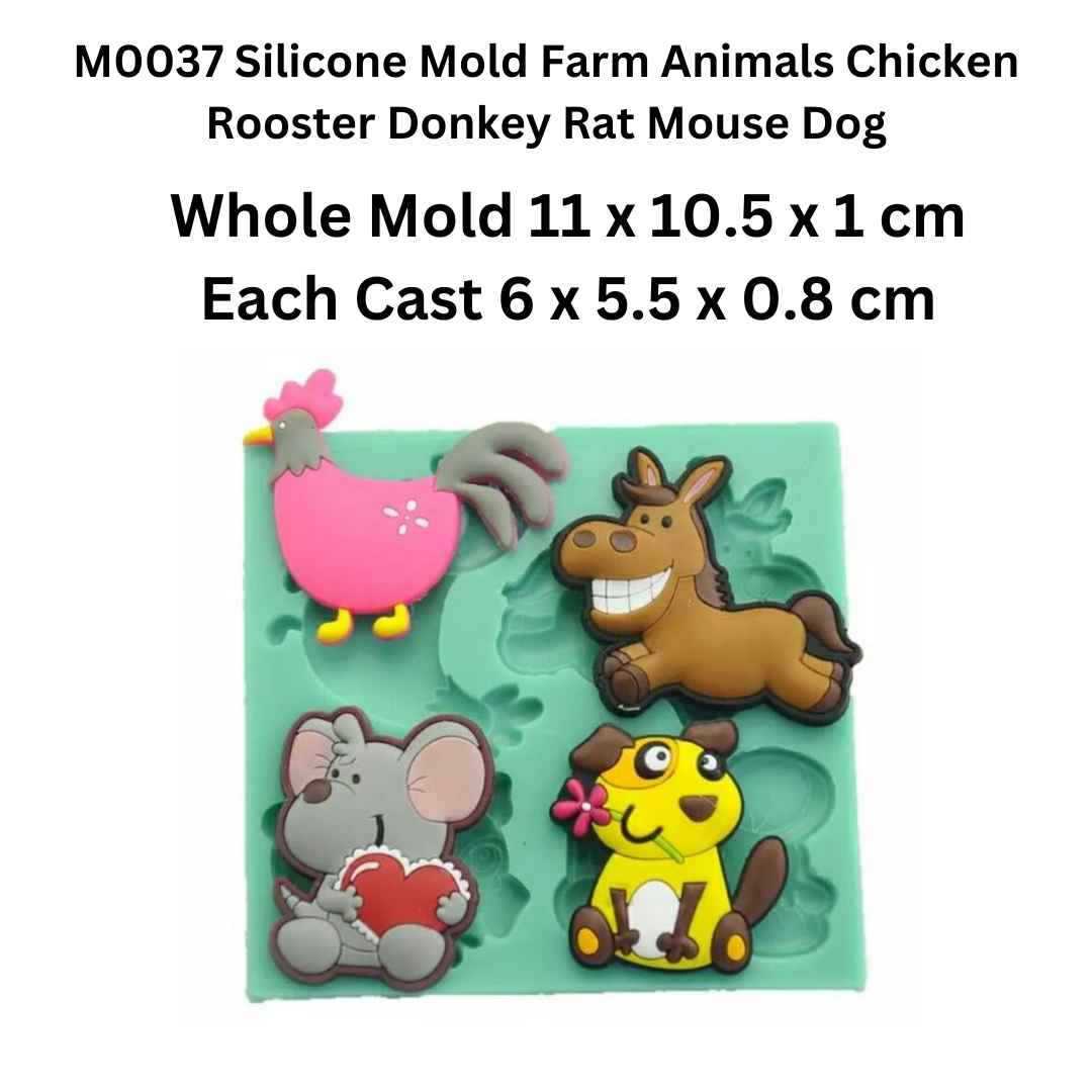 M0037 Silicone Mold Farm Animals Chicken Rooster Donkey Rat Mouse Dog