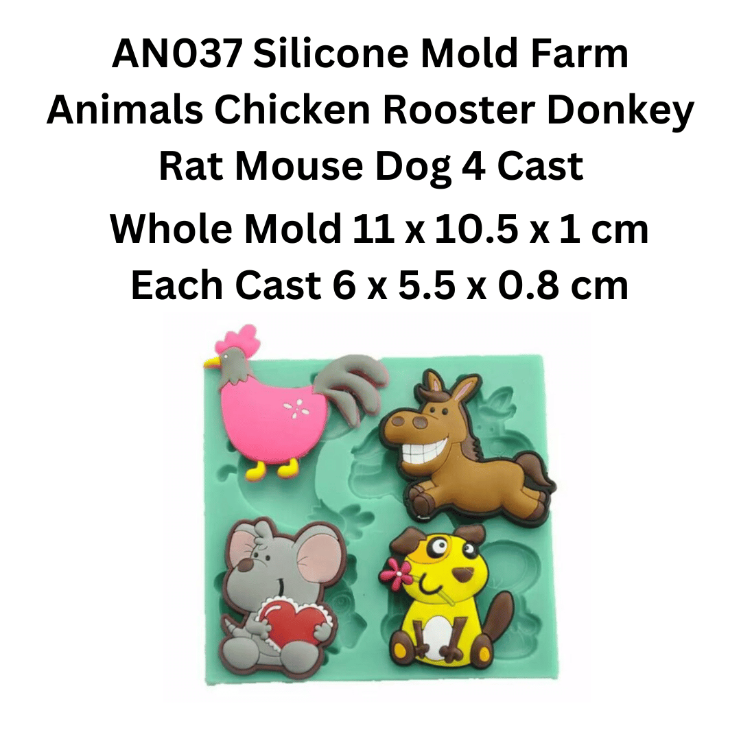 AN037 Silicone Mold Farm Animals Chicken Rooster Donkey Rat Mouse Dog 4 Cast